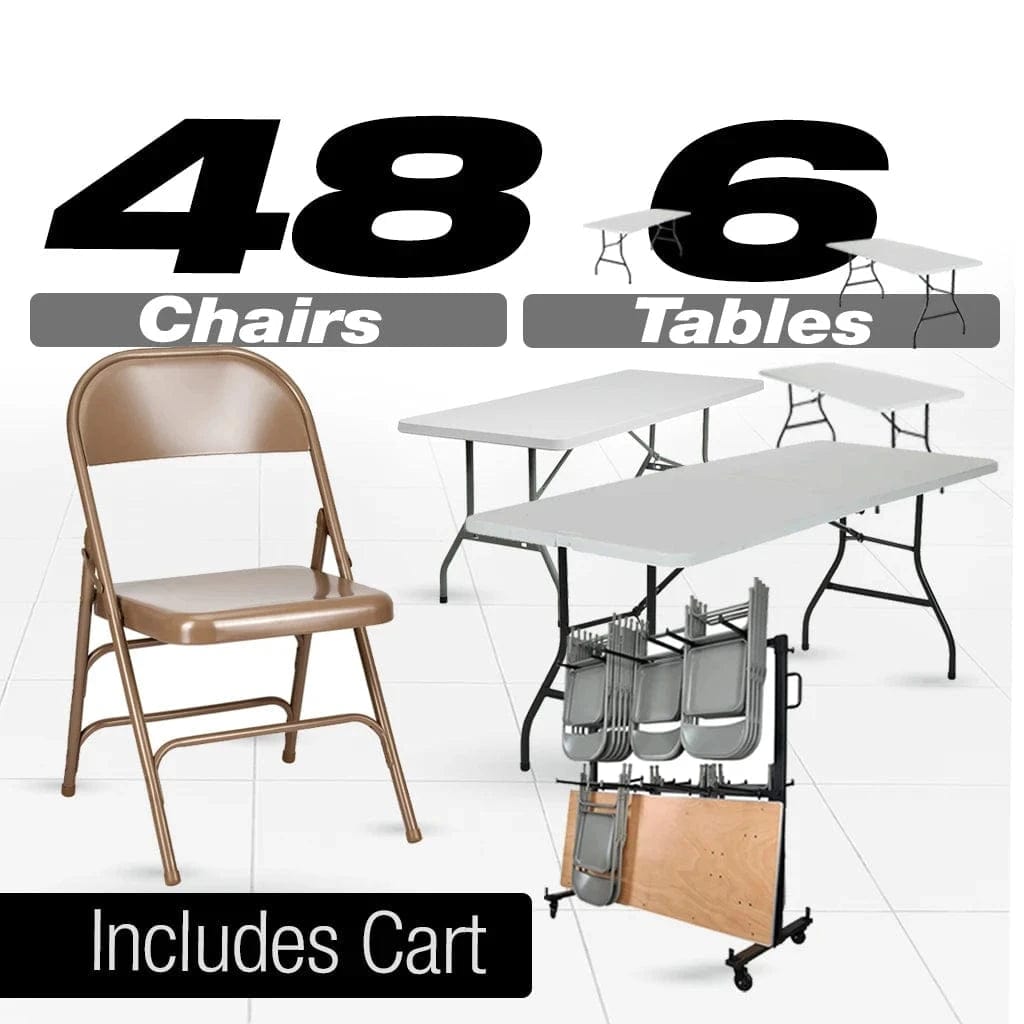 Chivari 48 Brown Metal Folding Chairs + 6  Heavy Duty Plastic 72x30 Banquet Tables  + Hybrid Folding Chair and Banquet Table  Cart CFMBR-48-6RT-KT