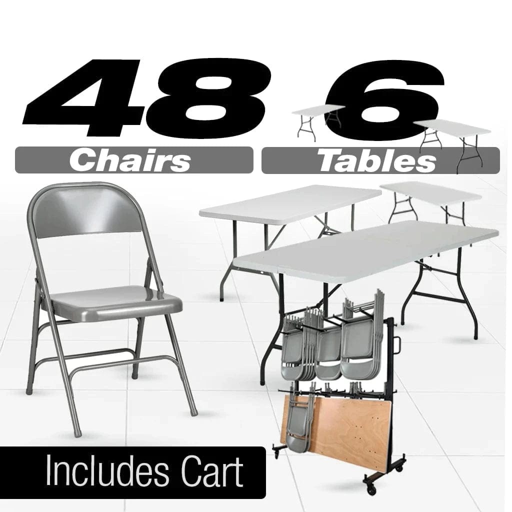 Chivari 48 Gray Metal Folding Chairs + 6 Heavy Duty Plastic 72x30 Banquet Tables + Hybrid Folding Chair and Banquet Table Cart CFMGR-48-6RT-KT