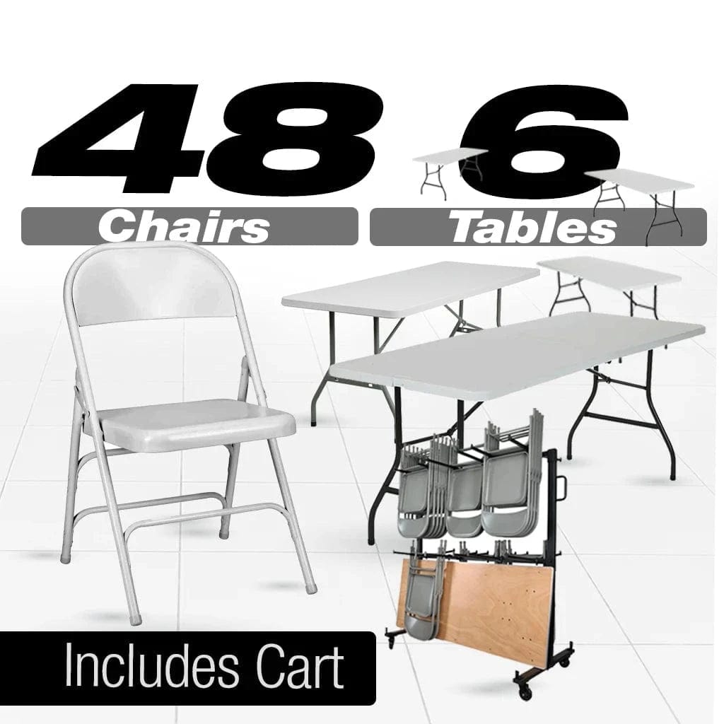 Chivari 48 White Metal Folding Chairs + 6 Heavy Duty Plastic 72x30 Banquet Tables + Hybrid Folding Chair and Banquet Table Cart CFMW-48-6RT-KT