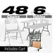 Chivari 48 White Metal Folding Chairs + 6 Heavy Duty Plastic 72x30 Banquet Tables + Hybrid Folding Chair and Banquet Table Cart CFMW-48-6RT-KT