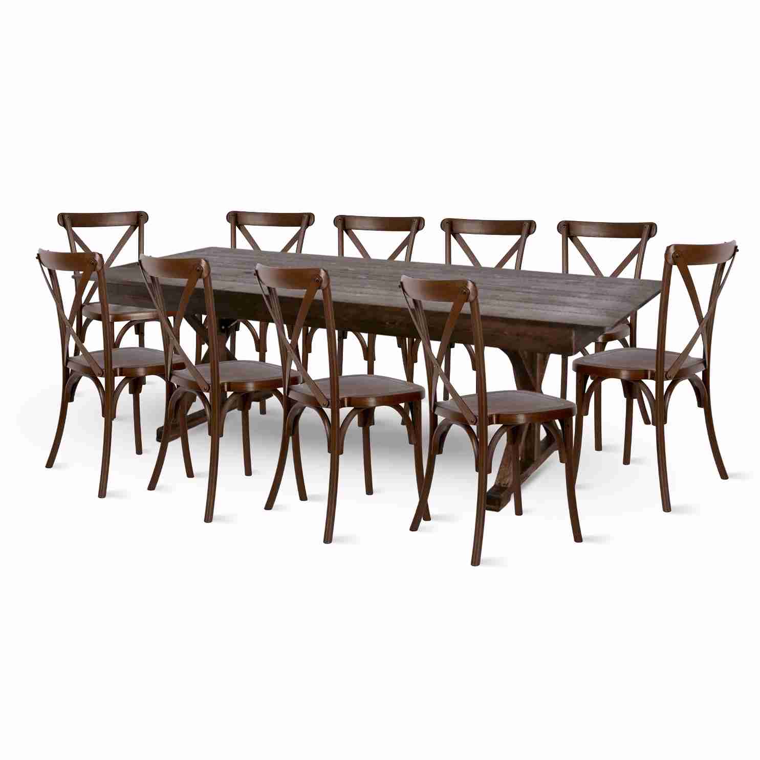Chivari Fruitwood X-Leg Farm Table Dining Set with 10 Chairs TFARM-FRUITWOOD-X-LEG-KIT-CXR-AX