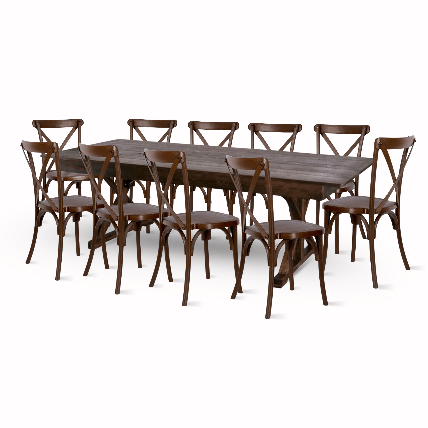 Fruitwood X-Leg Farm Table Dining Set with 10 Chairs