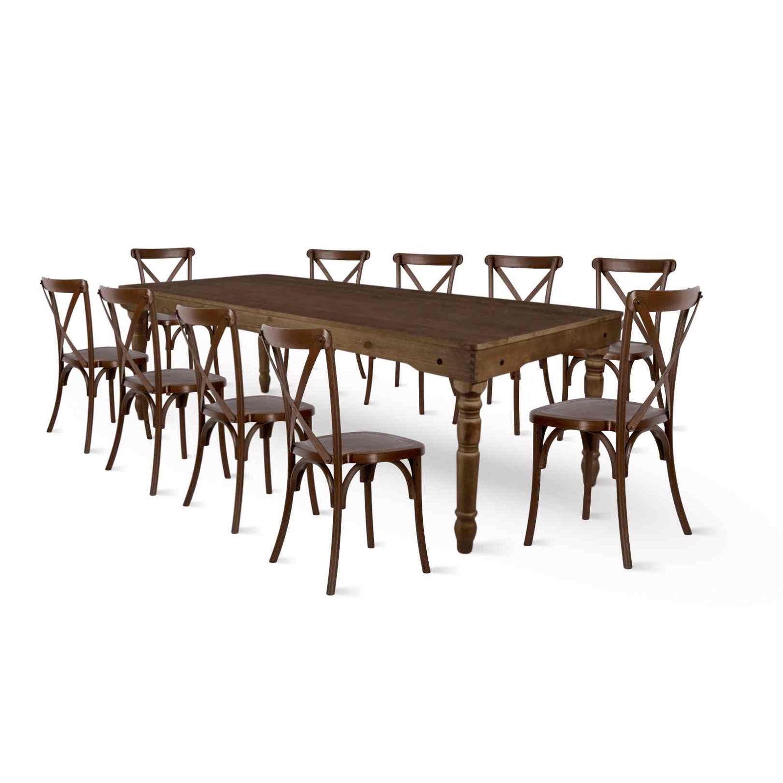 Chivari Fruitwood Fluted Leg Farm Table Dining Set with 10 Chairs TFARM-FRUITWOOD-T-LEG-KIT-CXR-AX