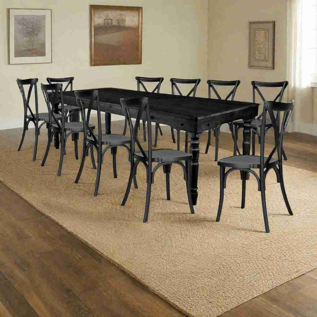 Chivari Black Fluted Leg Farm Table Dining Set with 10 Chairs TFARM-BLACK-T-LEG-KIT-CXR-AX