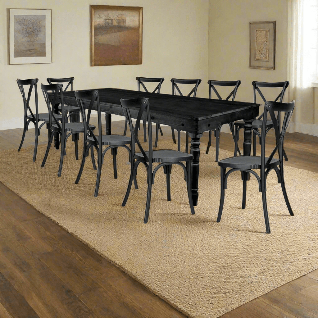 Chivari Black Fluted Leg Farm Table Dining Set with 10 Chairs TFARM-BLACK-T-LEG-KIT-CXR-AX