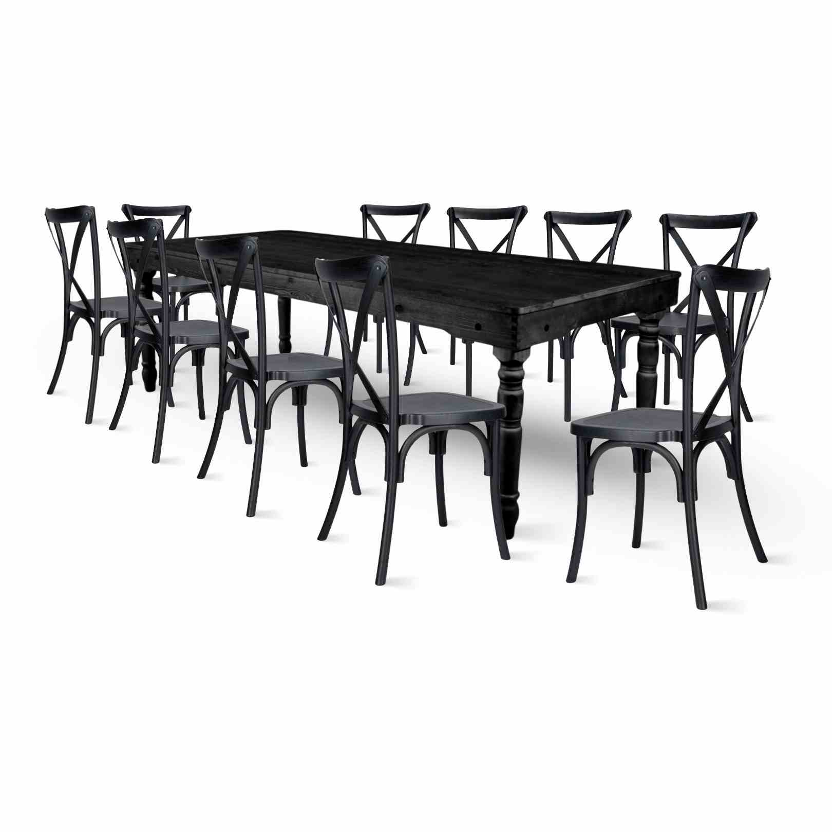 Chivari Black Fluted Leg Farm Table Dining Set with 10 Chairs TFARM-BLACK-T-LEG-KIT-CXR-AX