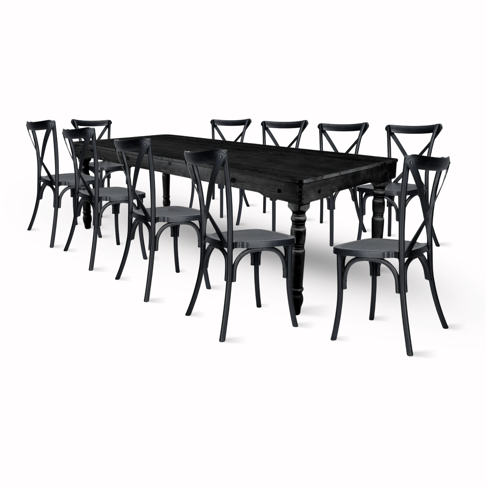 Black Fluted Leg Farm Table Dining Set with 10 Chairs