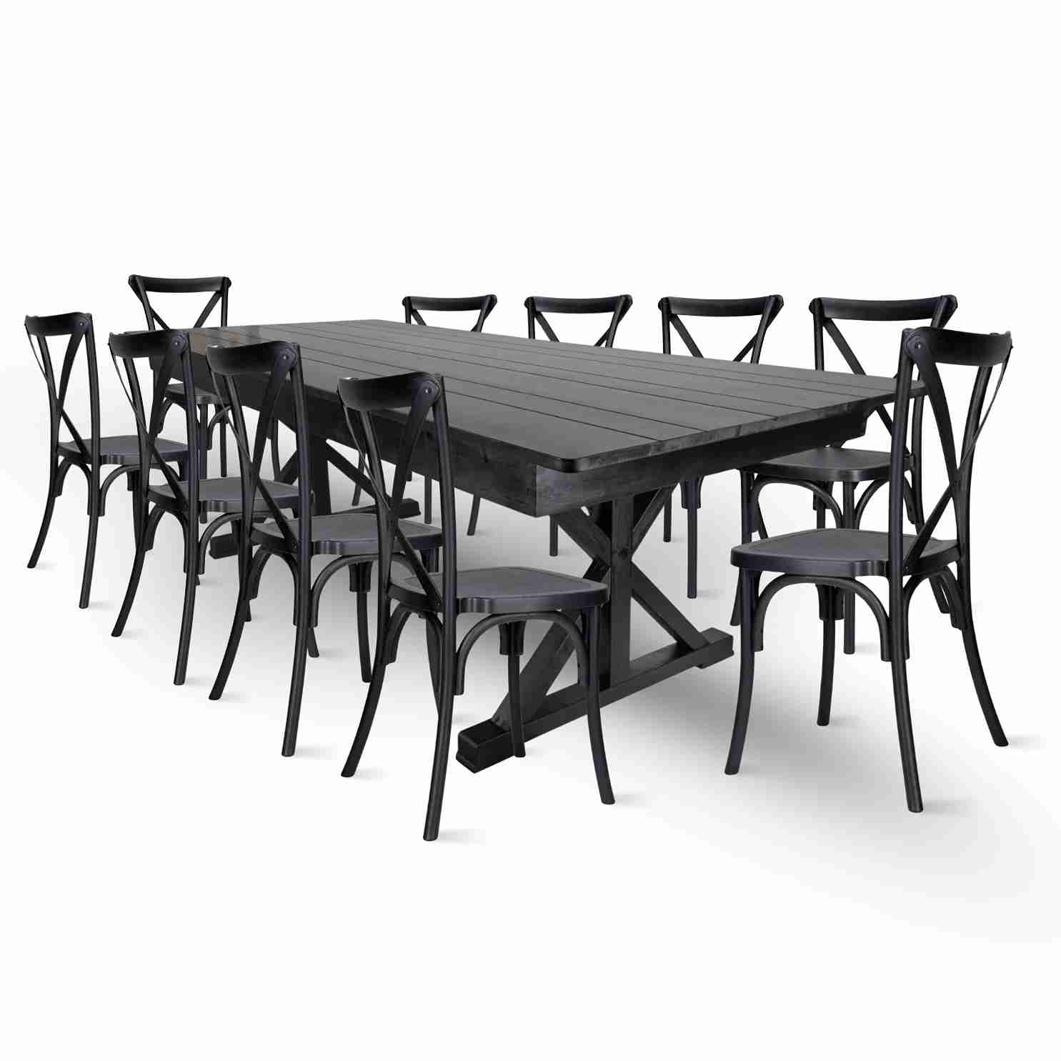 Chivari Black X-Leg Farm Table Dining Set Set with 10 Chairs TFARM-BLACK-X-LEG-KIT-CXR-AX