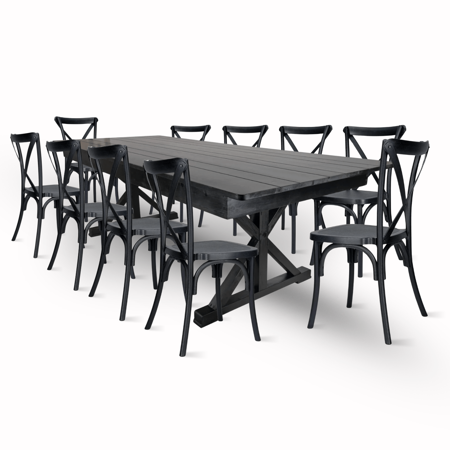 Black X-Leg Farm Table Dining Set Set with 10 Chairs