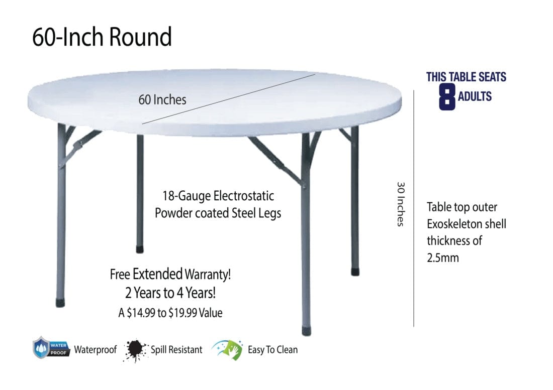 Chivari 60" (5 Foot)  Round Heavy Duty Plastic Folding Table TPLSRD60-LF-T