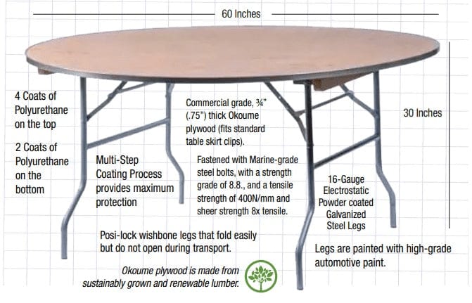 Chivari 60" (5 Foot) Round Heavy Duty Metal Edge Plywood Folding Banquet Table TPLYRD60M-AX-T