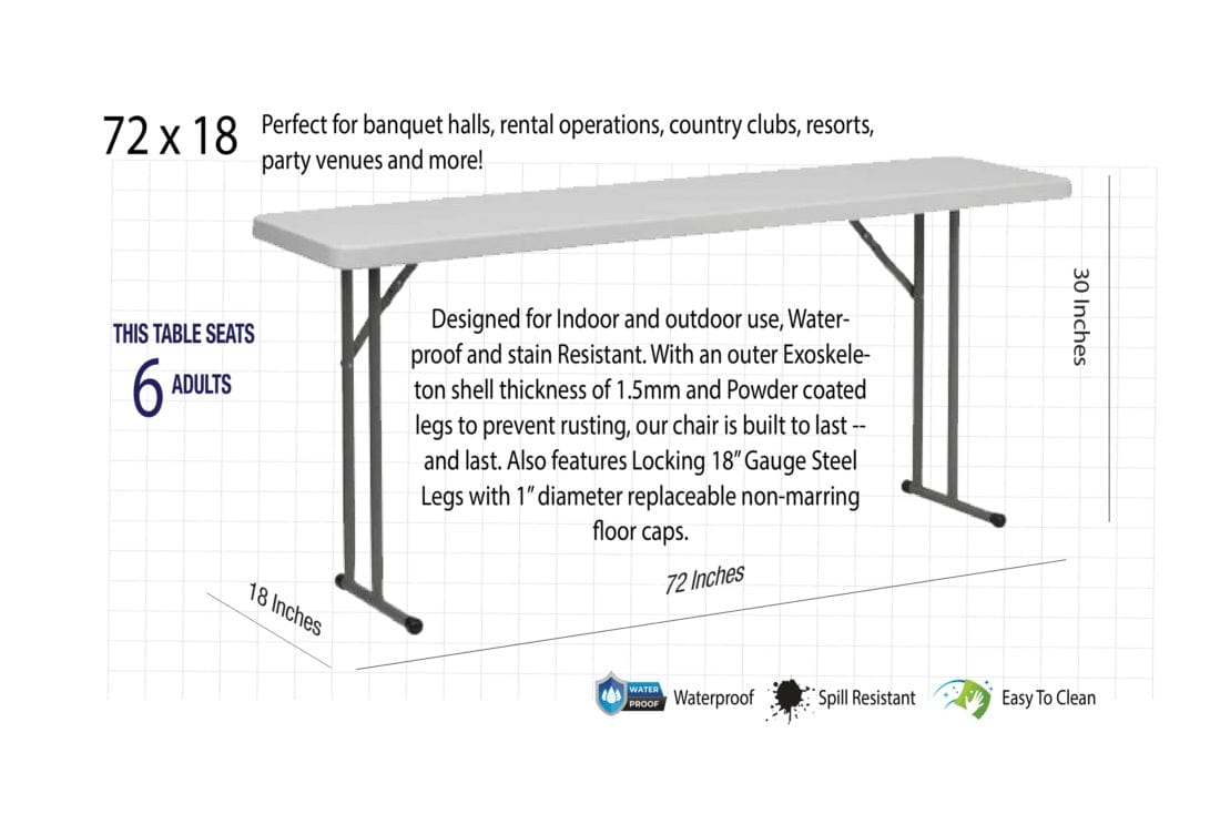 Chivari 72" x 18" (6 Foot) Rectangle Heavy Duty Plastic Folding Table TPLSRT7218-AX-T