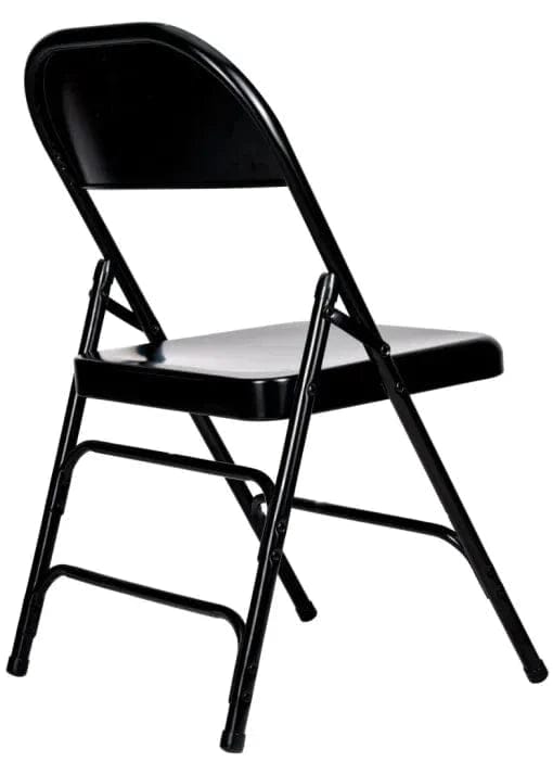 Chivari 100 Black Metal Folding Chairs + 12 Plastic Round Table Kit CFMBL-100-12RD-KT