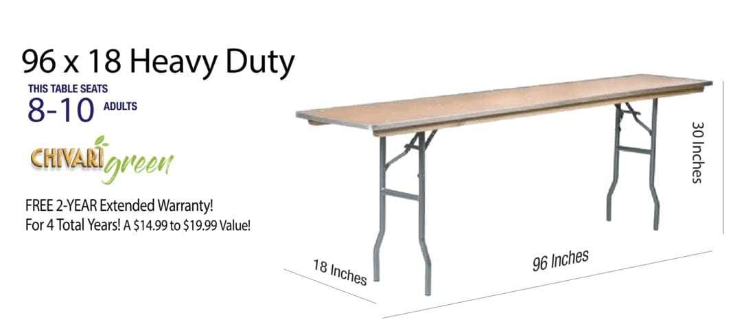 Chivari 96" x 18" (8 Foot) Rectangle Heavy Duty Plywood Folding Table TPLYRT9618M-AX-T