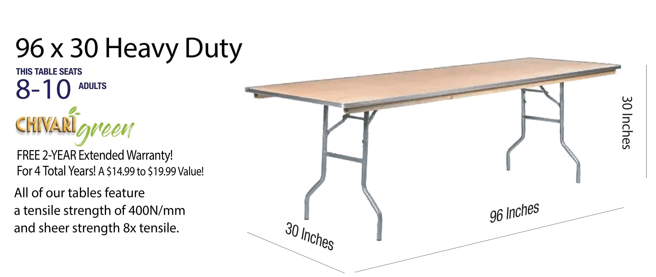 Chivari 96" x 30" (8 Foot) Rectangle Heavy Duty Plywood Folding Table TPLYRT9630M-AX-T