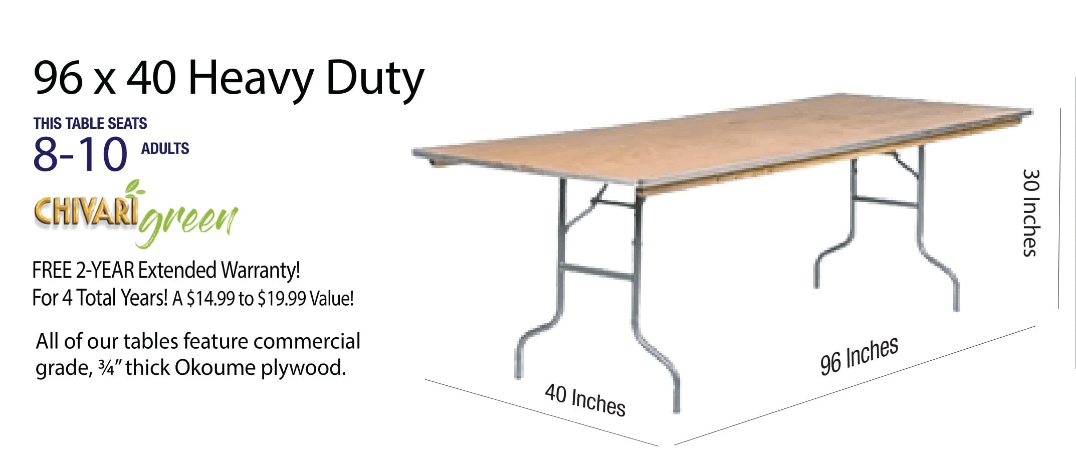 Chivari 96" x 40" (8 Foot) Rectangle Heavy Duty Plywood Folding Table TPLYRT9640M-AX-T