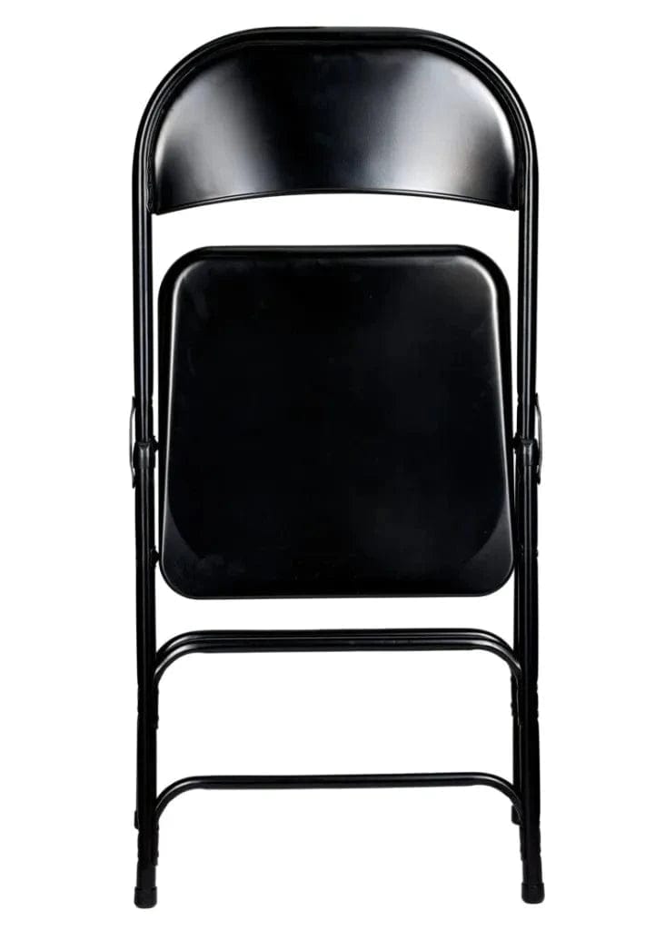 Chivari 100 Black Metal Folding Chairs + 12 Plastic Round Table Kit CFMBL-100-12RD-KT