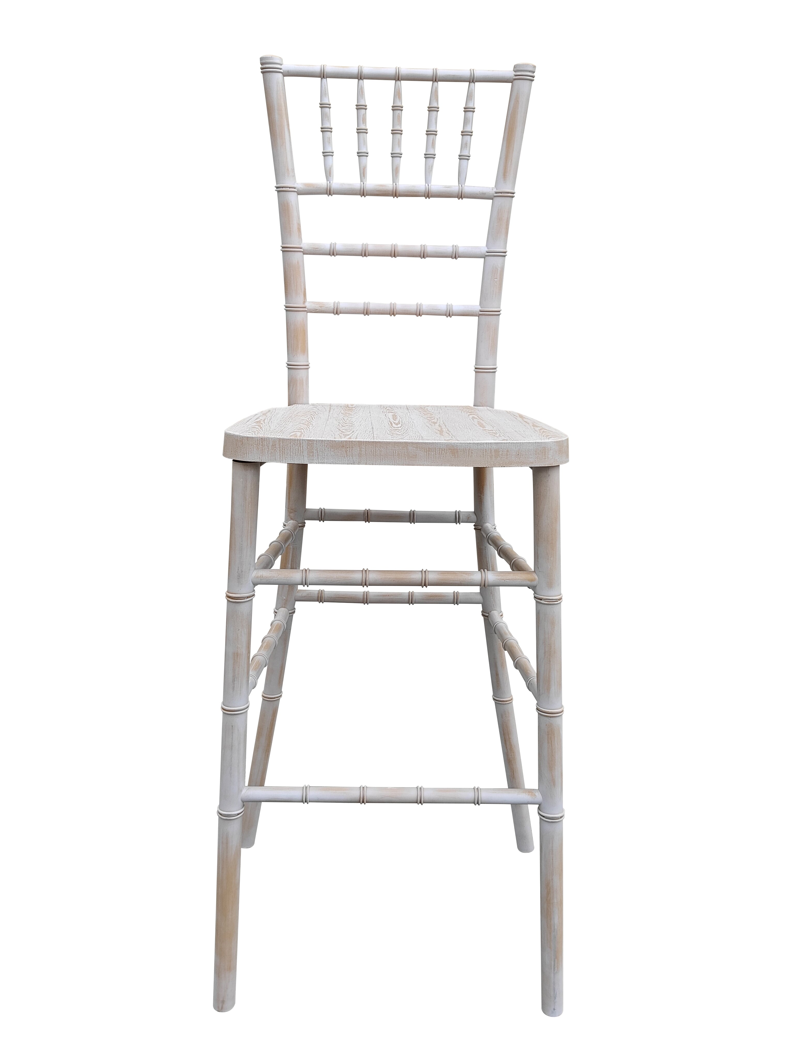 White Distressed with Brushed Wood Look Resin Steel Skeleton™ Chiavari Barstool