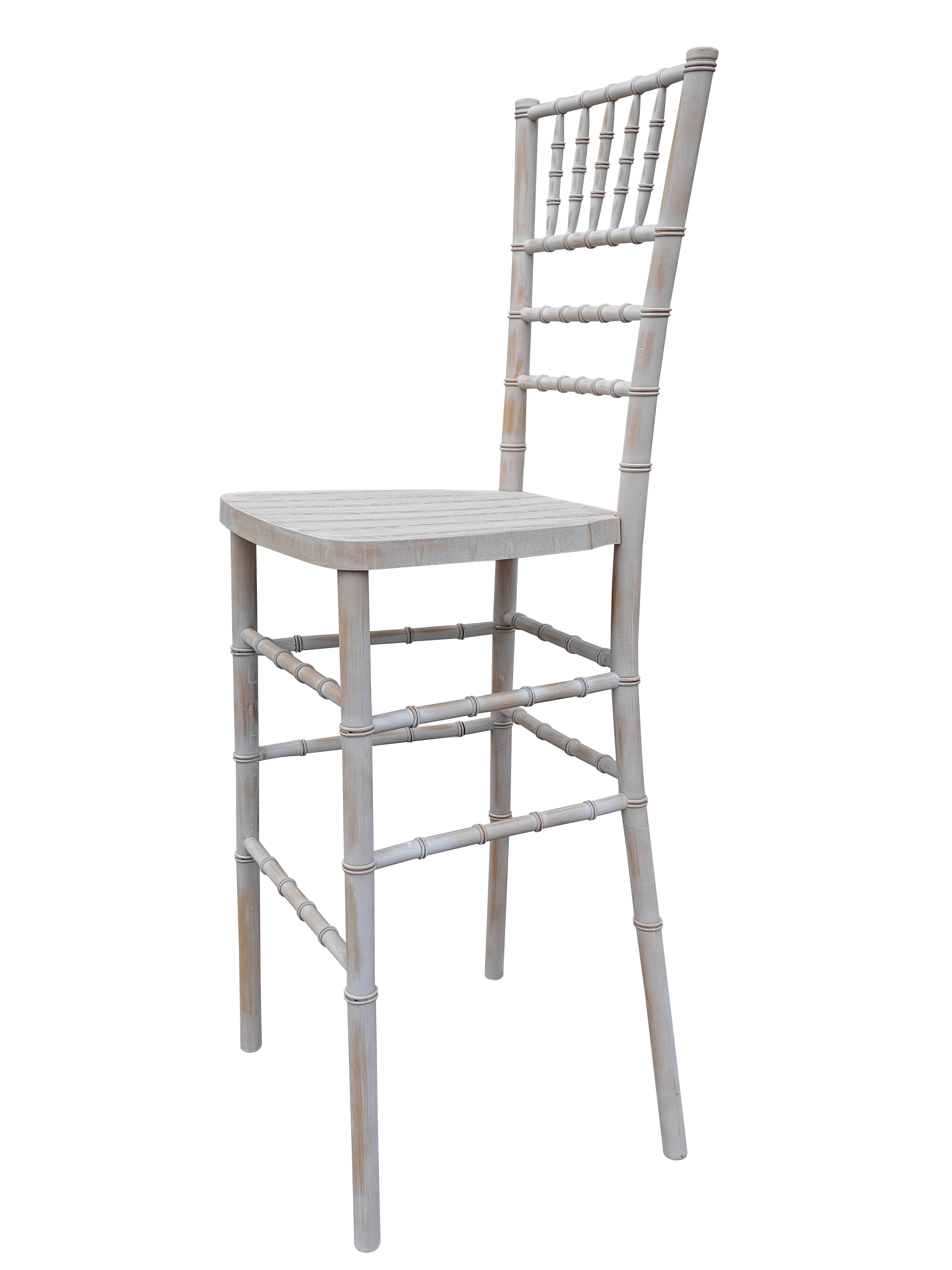 White Distressed with Brushed Wood Look Resin Steel Skeleton™ Chiavari Barstool