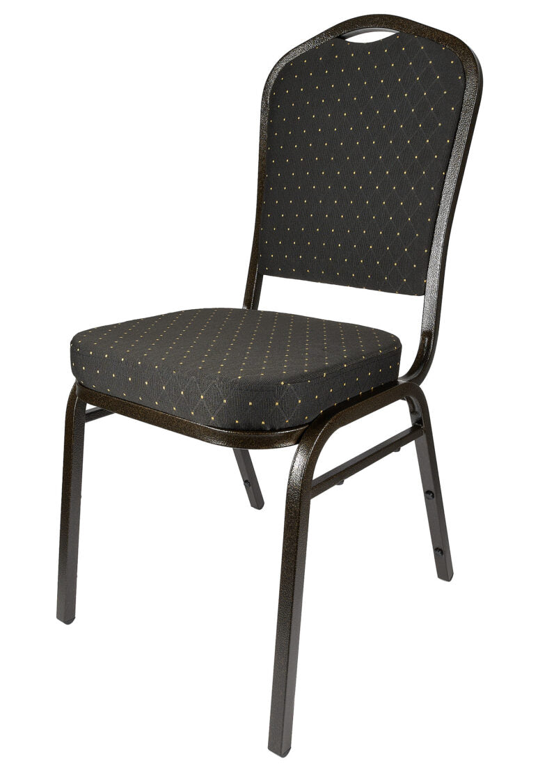 Black with Gold Dot Fabric Gold Vein Steel Frame Crown Back Banquet Chair