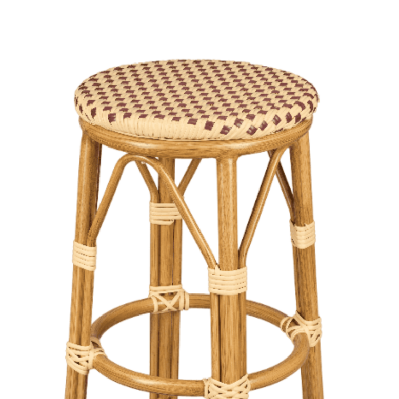 Beige on Maroon 26" Counter Height PE Rattan No Back Bistro Barstool