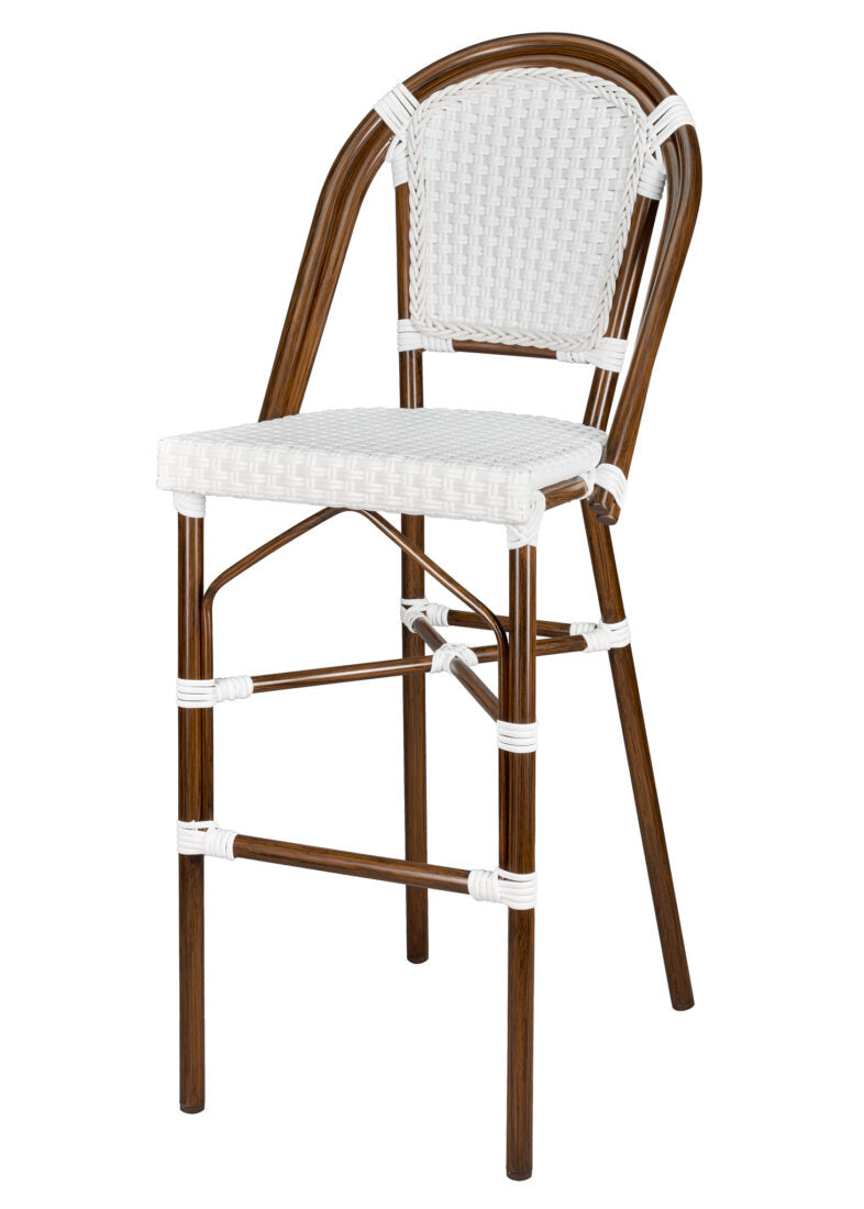 Bistro Barstool Armless PE Rattan Whtie on White Dark Pipe BBPWD-AX-T