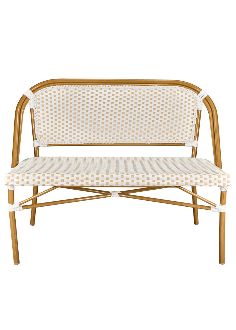 Bistro Bench, Seats 2, PE Rattan, White on Beige. Medium Pipe BNBPWB-AX-T