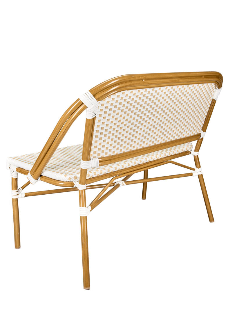 Bistro Bench, Seats 2, PE Rattan, White on Beige. Medium Pipe BNBPWB-AX-T