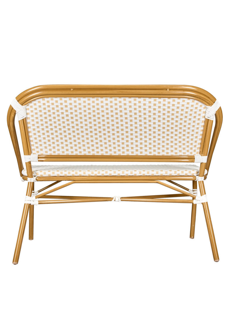 Bistro Bench, Seats 2, PE Rattan, White on Beige. Medium Pipe BNBPWB-AX-T