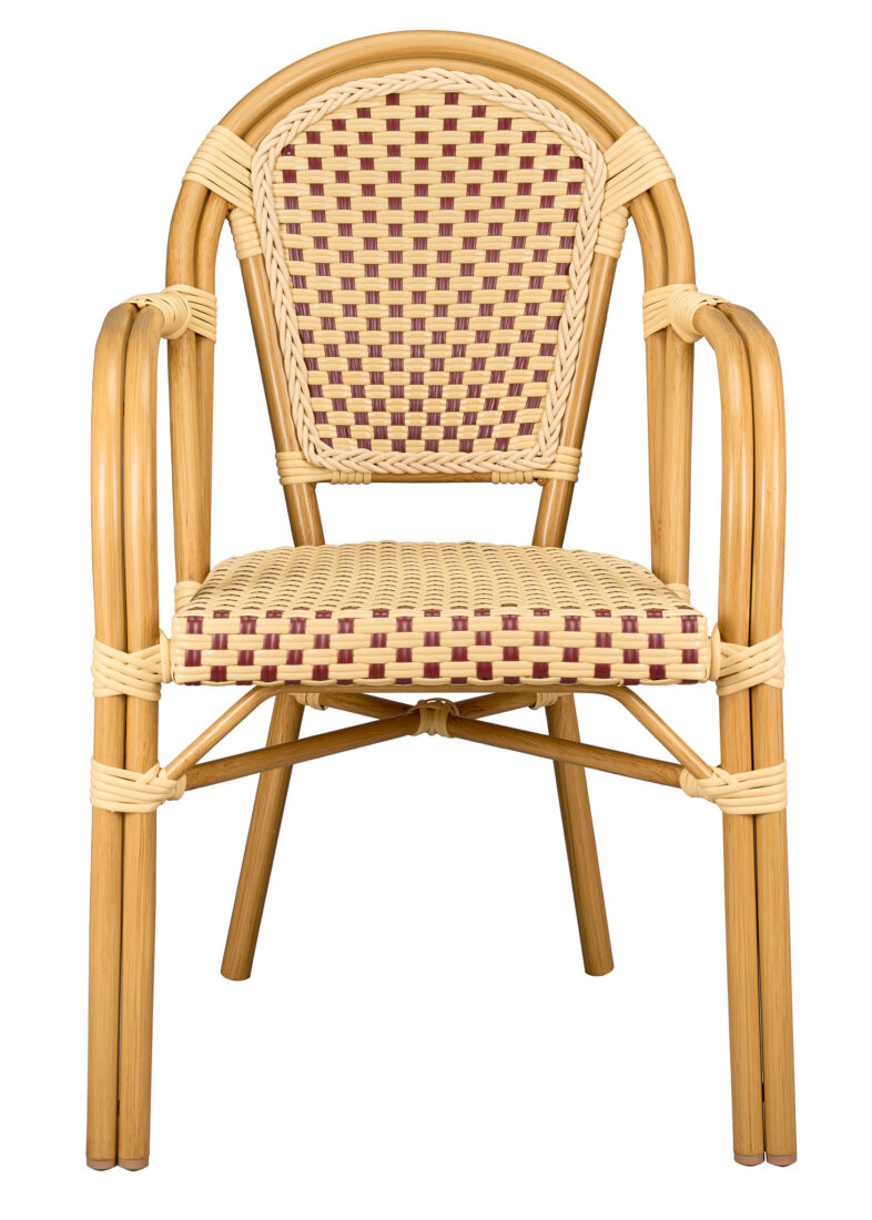 Beige and Maroon French Bistro Patio Dining Chair with Arms