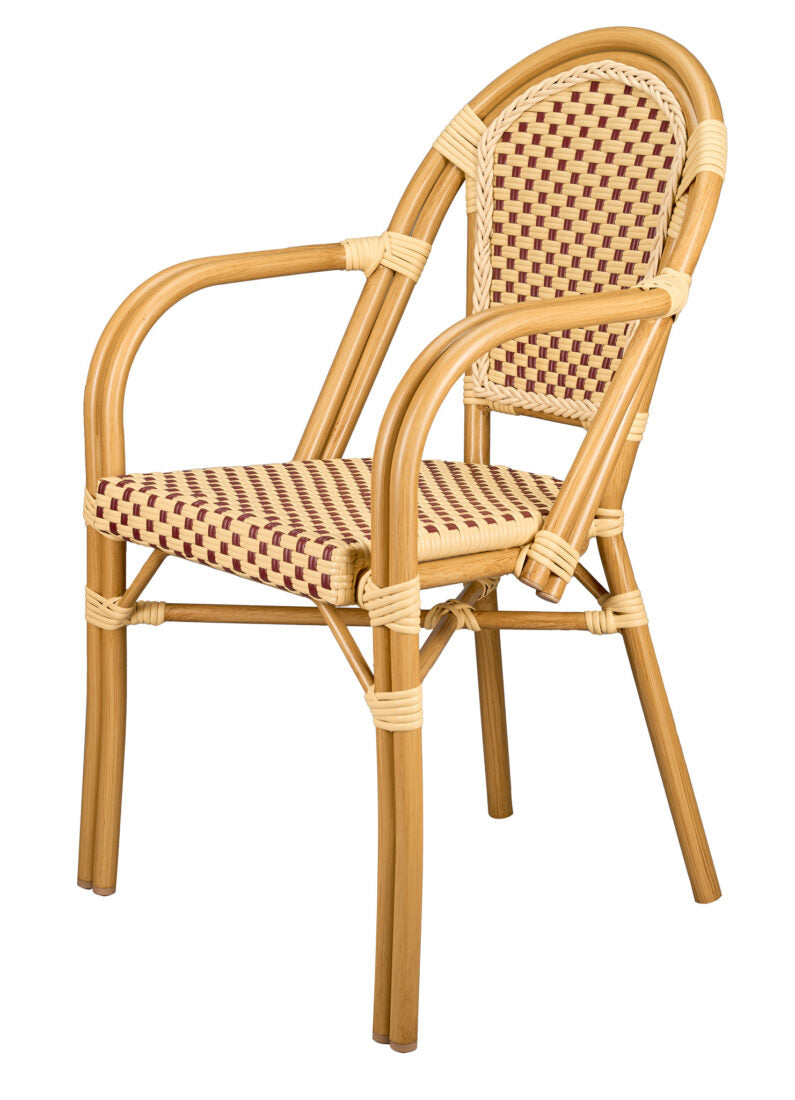 Beige and Maroon French Bistro Patio Dining Chair with Arms