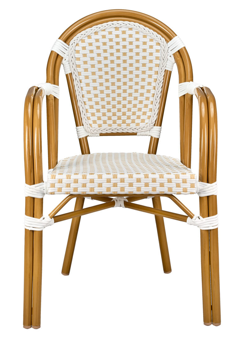 White and Beige with Arms, French Bistro Patio Dining Chair CBPAWB-AX-T