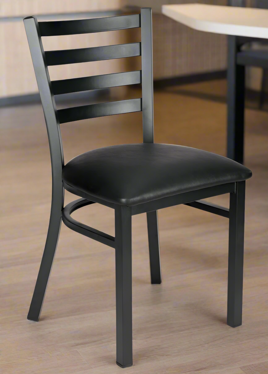 Ladder Back Restaurant Chair with Black Metal Frame and Black Vinyl Seat