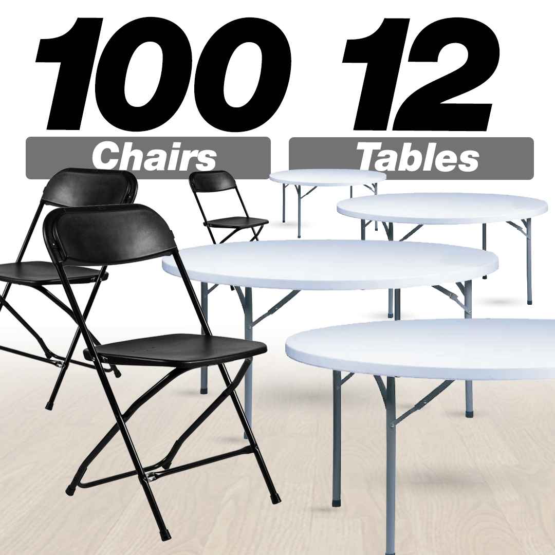 100 Pack Black Plastic Folding Chair and 12 60