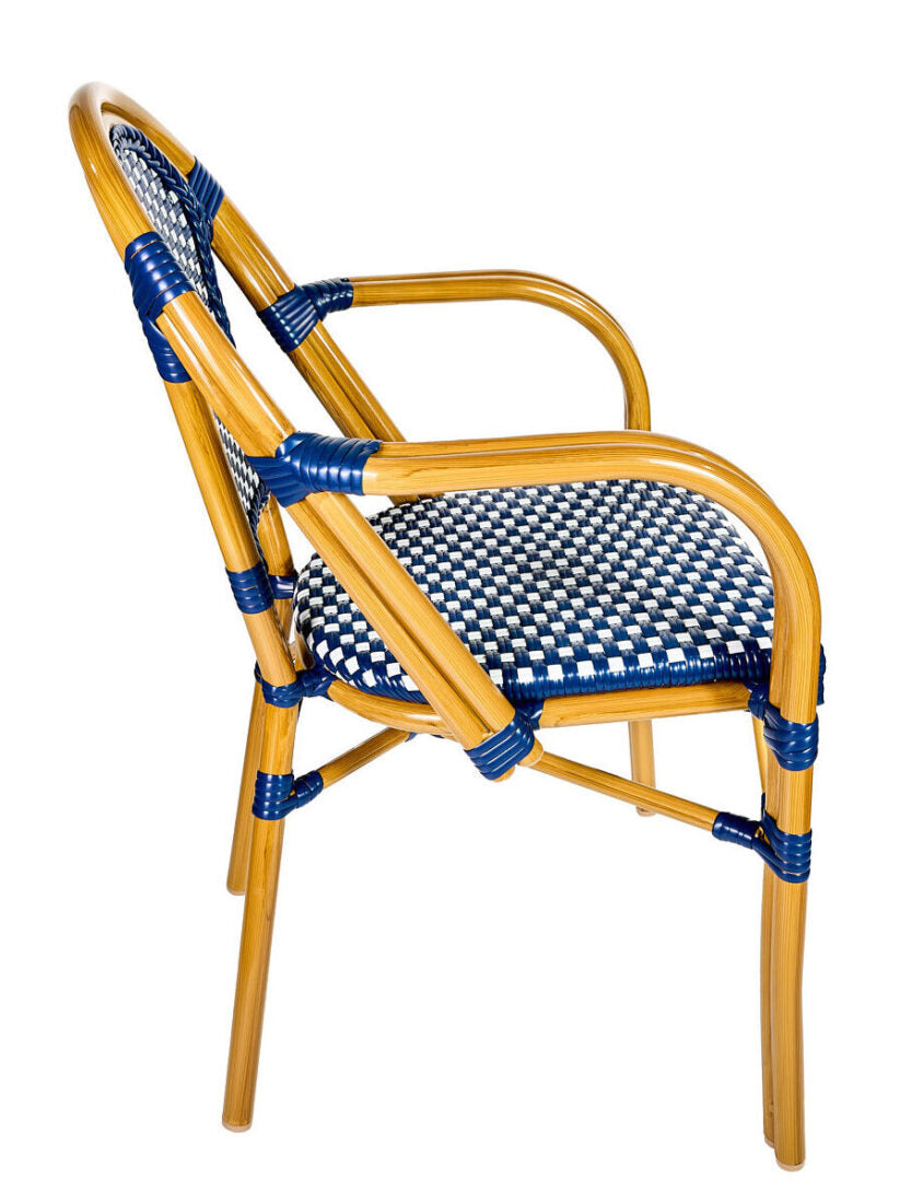 Blue and White Bistro Chair with Arms Right CBPABLU-AX-T