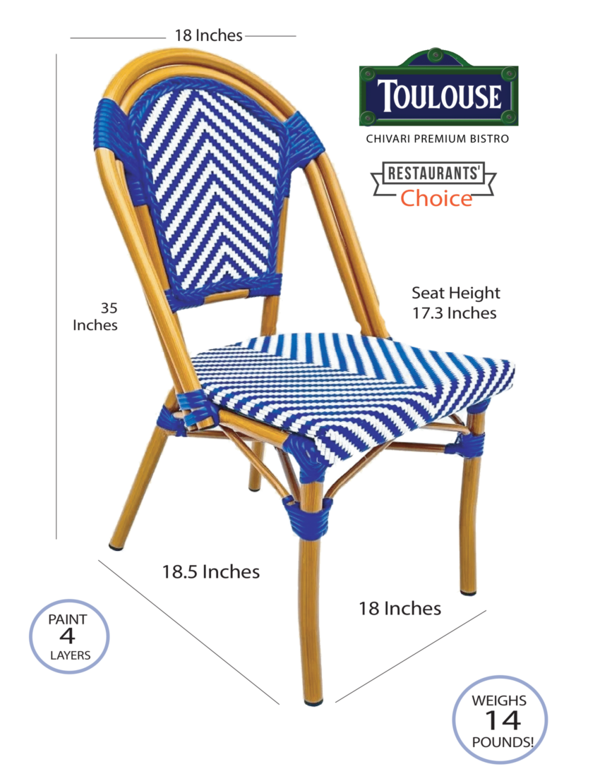 Blue & White Armless French Bistro Patio Dining Chair by Chivari CBTBLU-ZG-T