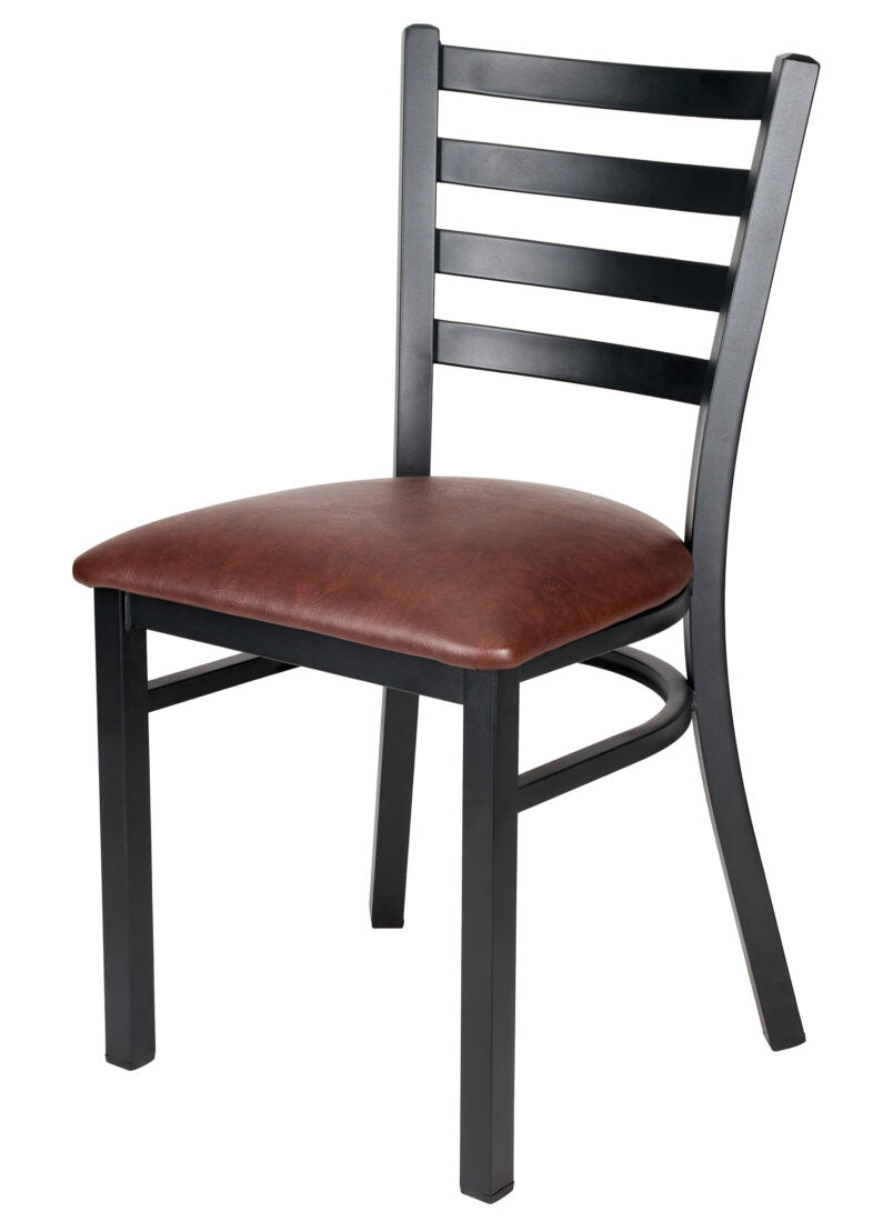 Ladder Back Restaurant Chair with Black Metal Frame and Brown Vinyl Seat