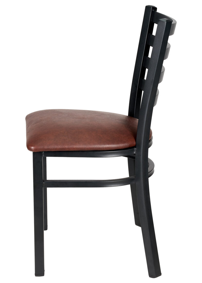 Ladder Back Restaurant Chair with Black Metal Frame and Brown Vinyl Seat