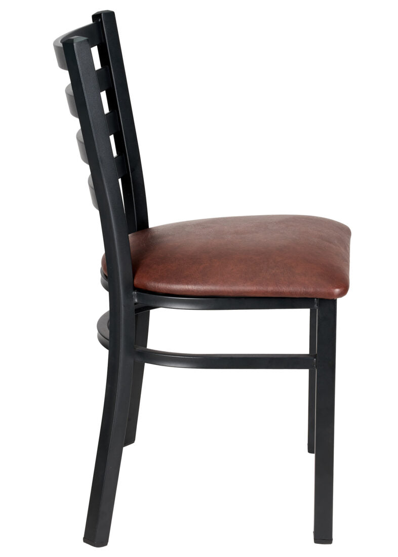 Ladder Back Restaurant Chair with Black Metal Frame and Brown Vinyl Seat