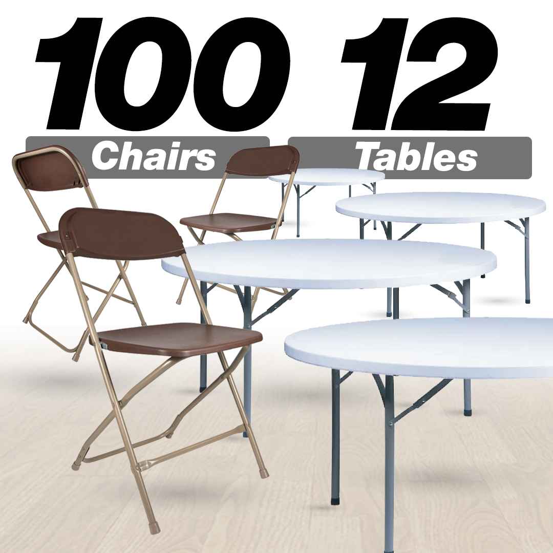 100 Pack Brown Plastic Folding Chair and 12 60" (5 Foot) Round Plastic Folding Table