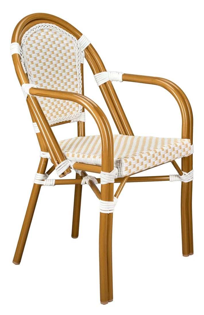 White and Beige French Bistro Patio Dining Chair with Arms