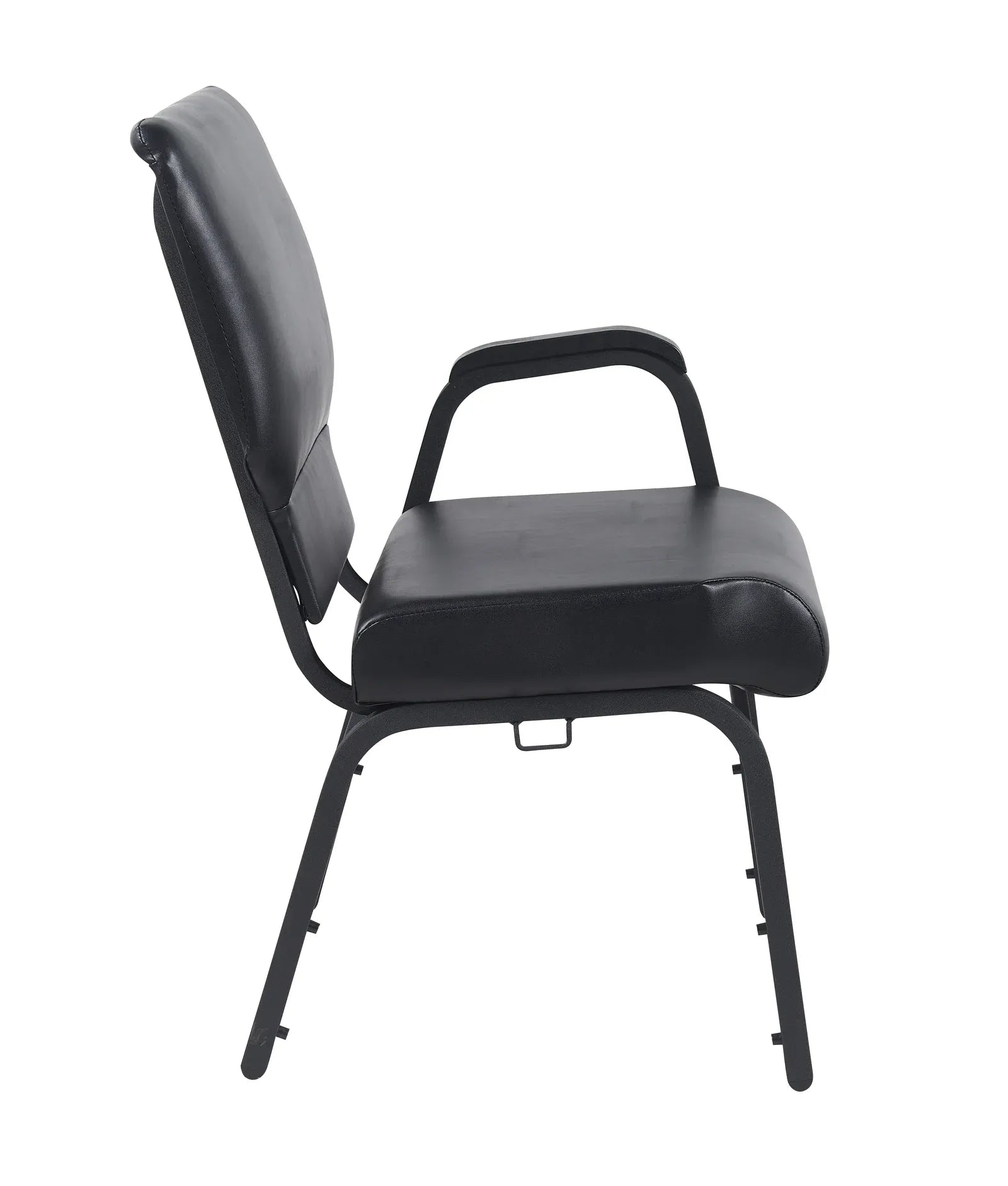 Black Vinyl  Church Chair with Left Arm Cut Away Back 20.5" on Black Frame