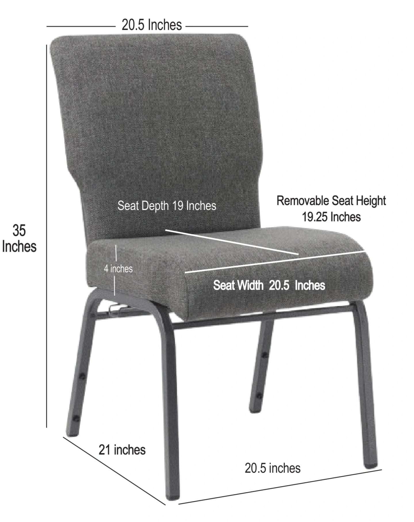 Gray Fabric Church Chair with Full Back 20.5