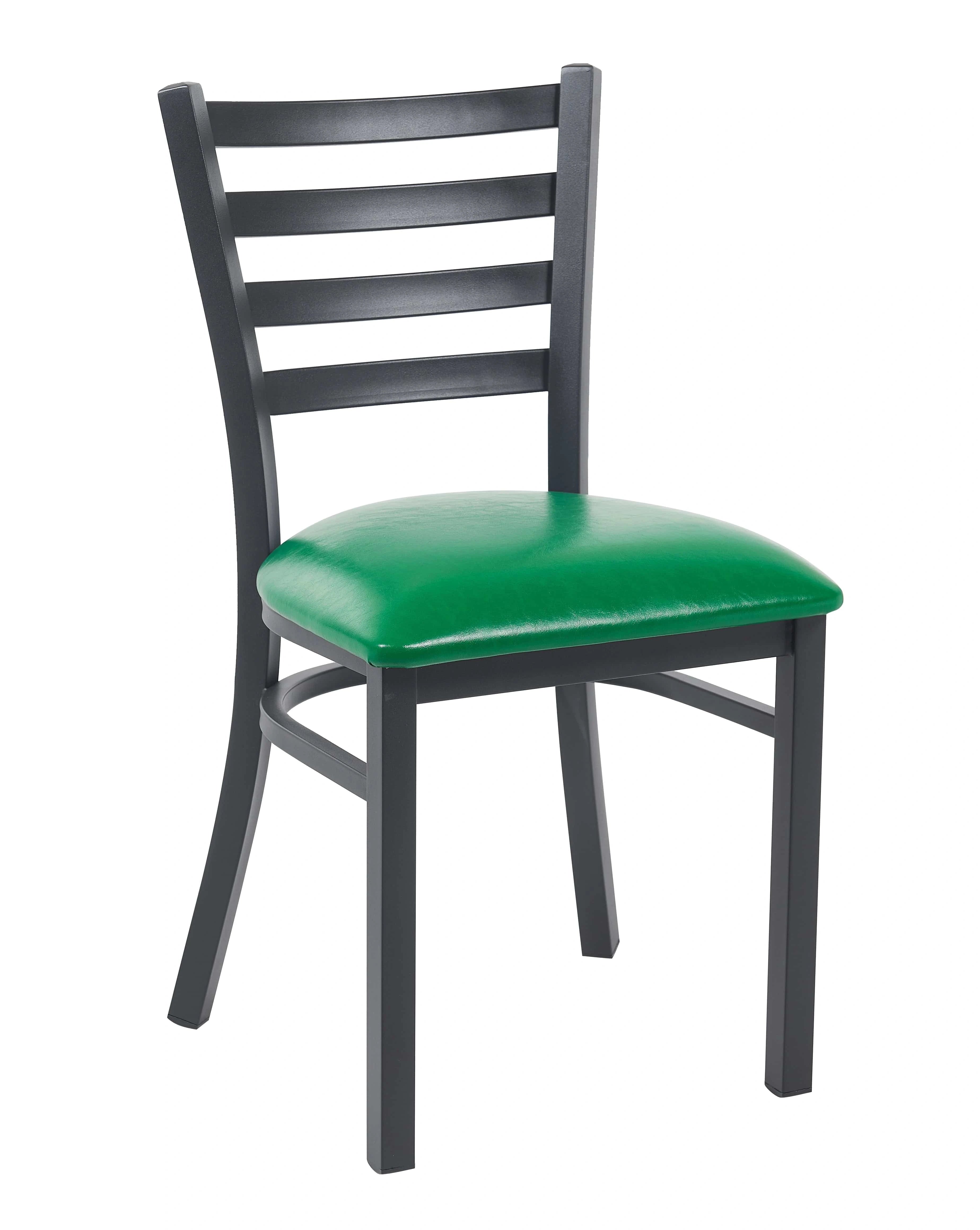 Ladder Back Restaurant Chair with Black Metal Frame and Green Vinyl Seat