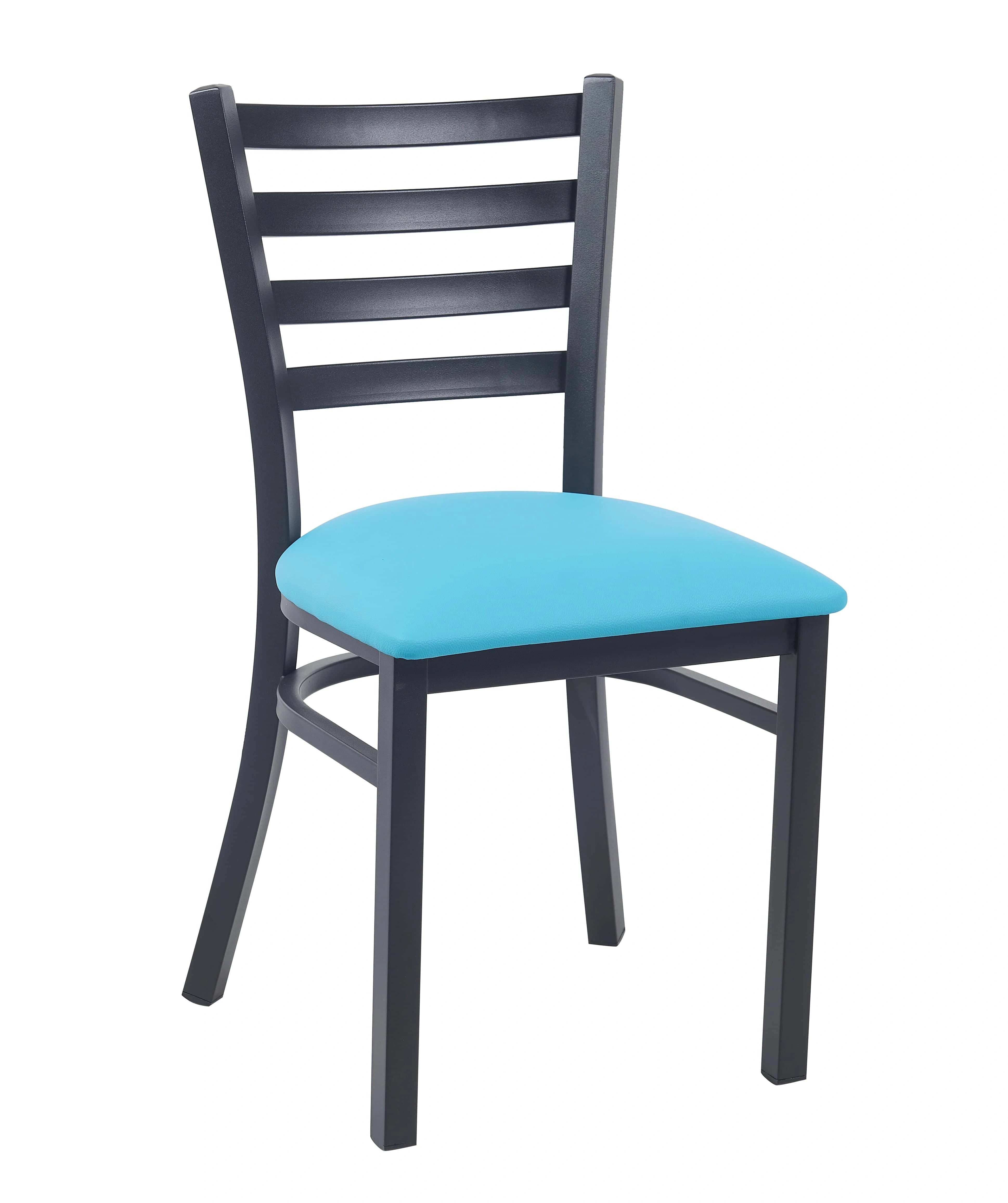 Ladder Back Restaurant Chair with Black Metal Frame and Light Blue Vinyl Seat