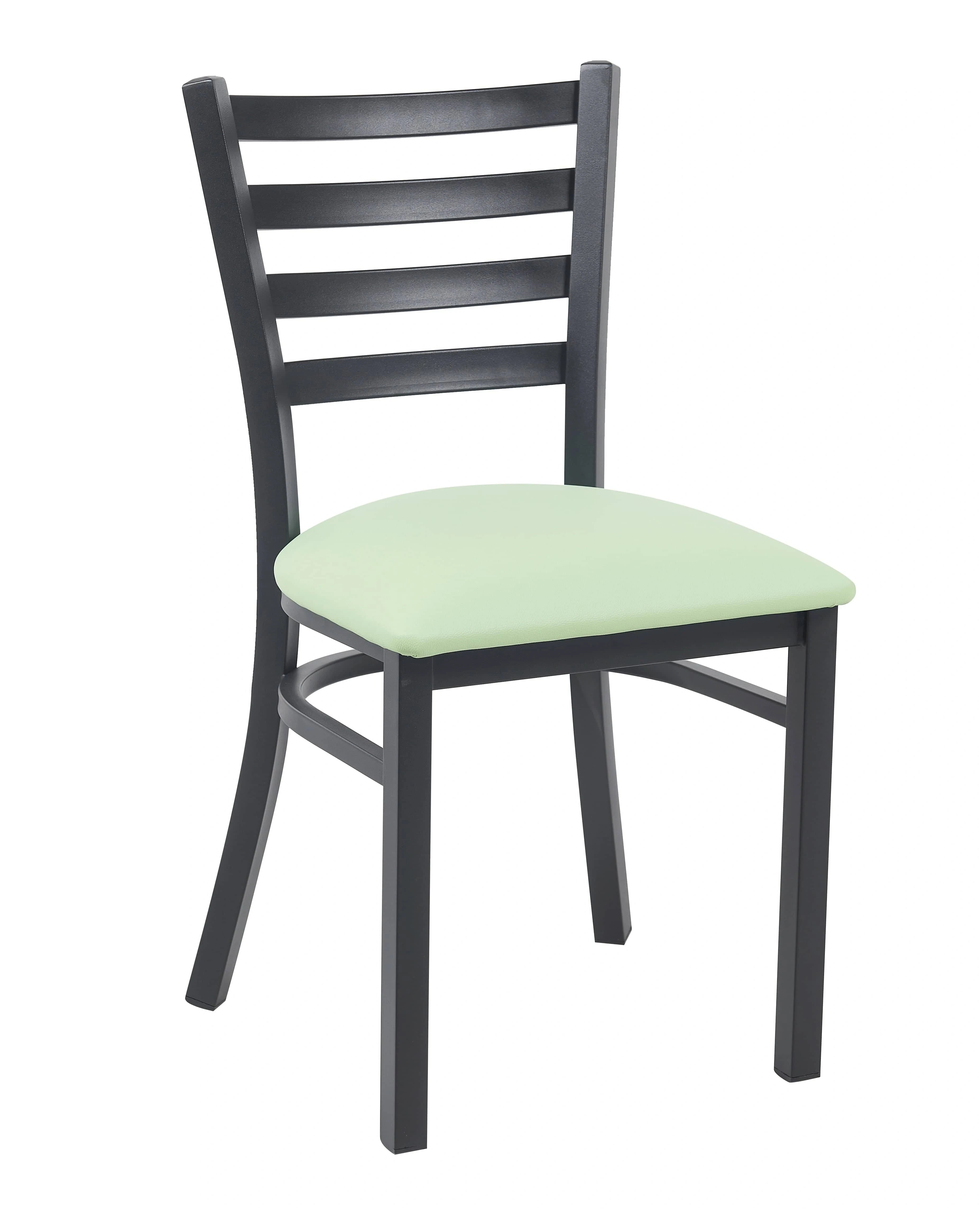 Ladder Back Restaurant Chair with Black Metal Frame and Light Green Vinyl Seat