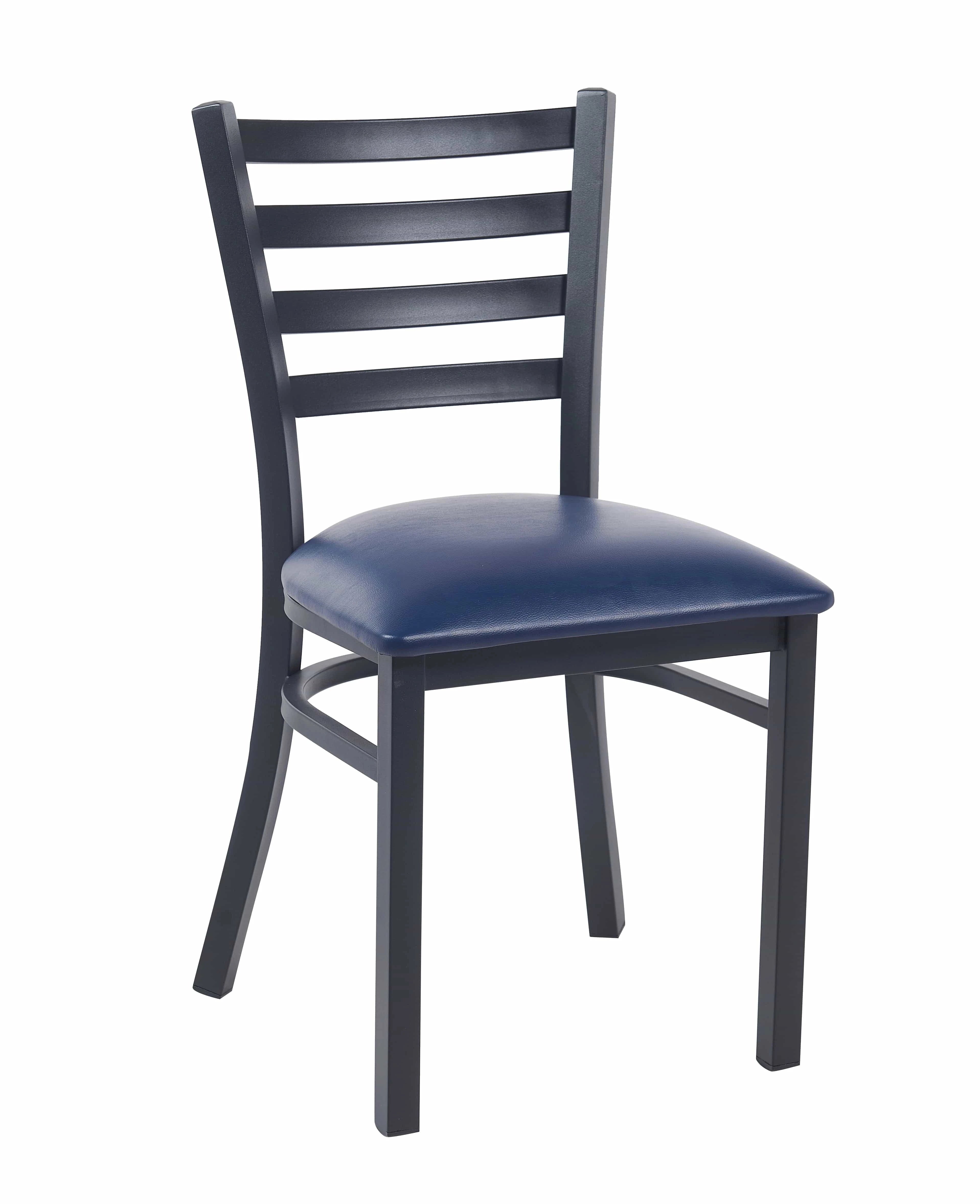 Ladder Back Restaurant Chair with Black Metal Frame and Navy Blue Vinyl Seat