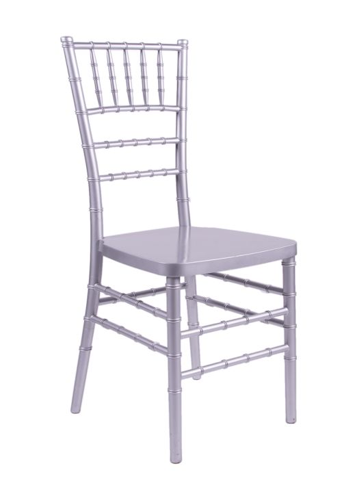 100 Person Luxury Event Package:  Includes 100 Silver Resin Steel Skeleton™ Chiavari Chairs Plus 10 Round 72" Heavy Duty Banquet Folding Tables Plus a Banquet Table Cart