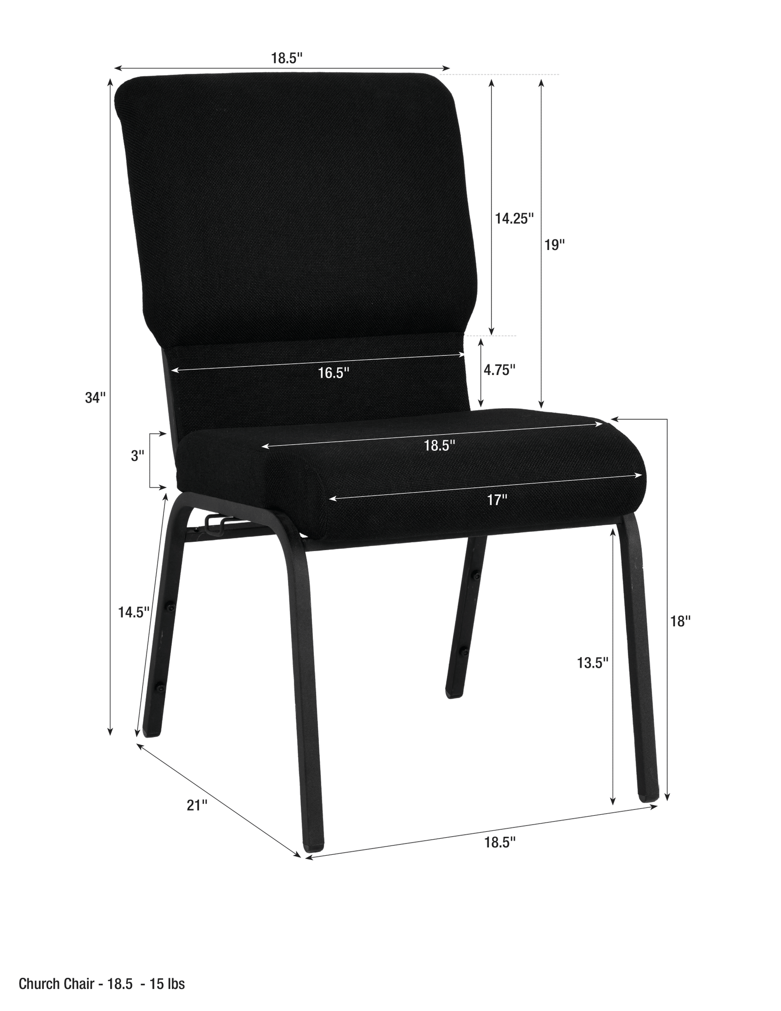 Black Fabric Church Chair with Cut-Away Back 18.5