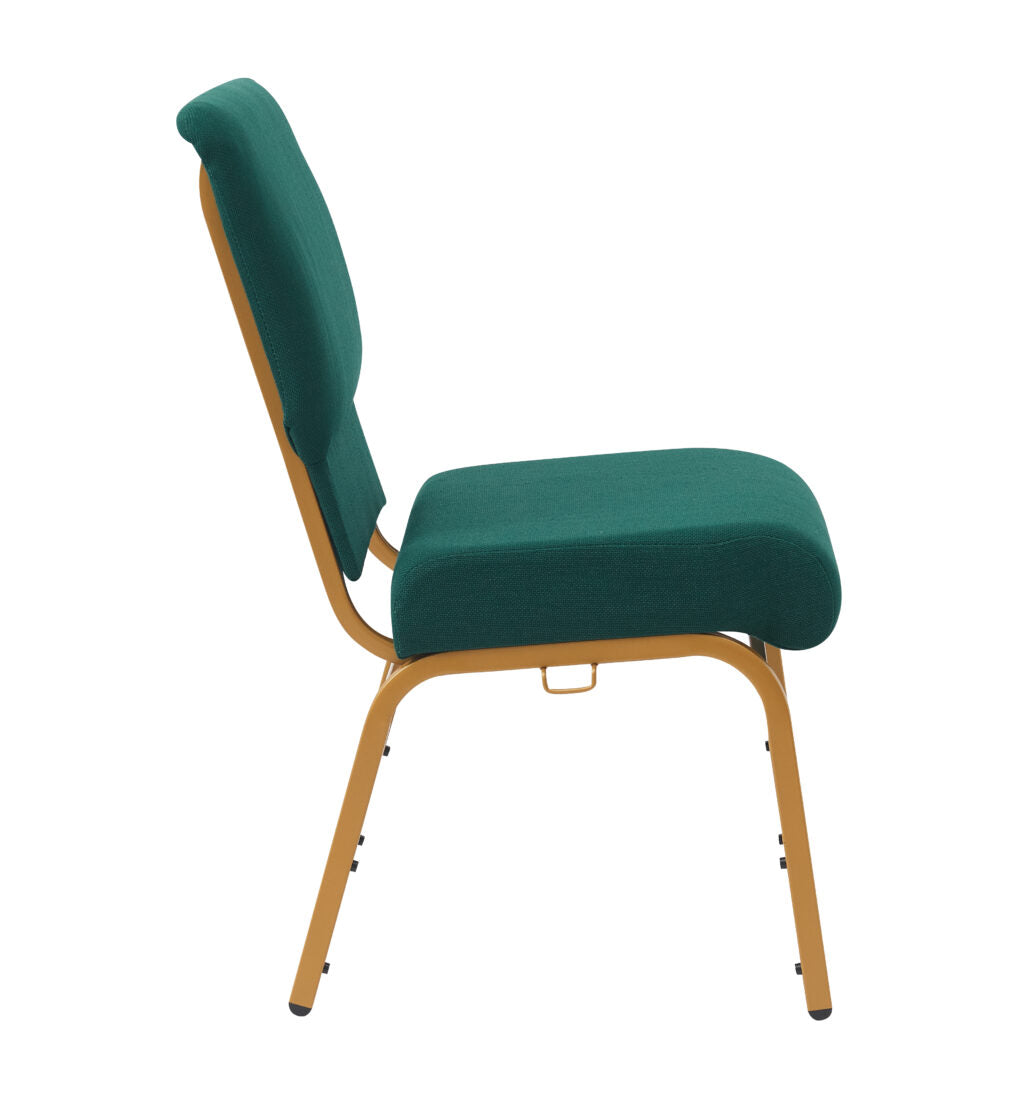 Green Fabric on Gold Frame, 20.5" Wide Seat , 4" Thick Seat with Cut Away Back and Pouch Church Chair CH20GNG-ZF-T